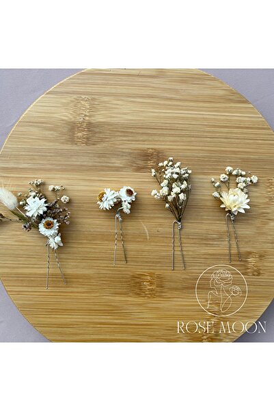 Tasarım RoseMoon El Yapımı Gerçek Kuru Çiçek Saç Tokası, Pin Ekru Beyaz