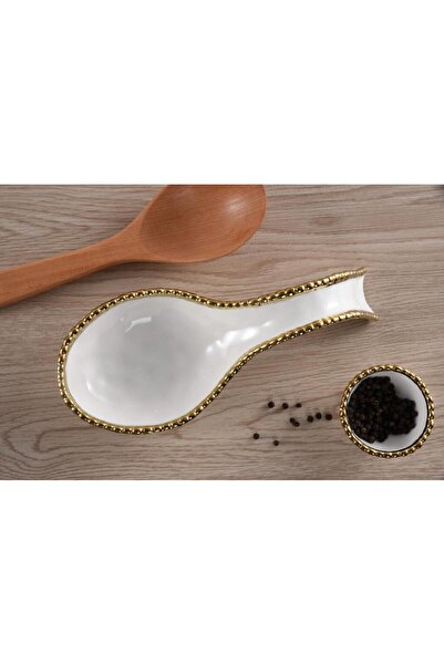 B&L Decor Beth & Lily – Sienna White & Gold Beaded Ceramic Spoon Rest | Luxur...