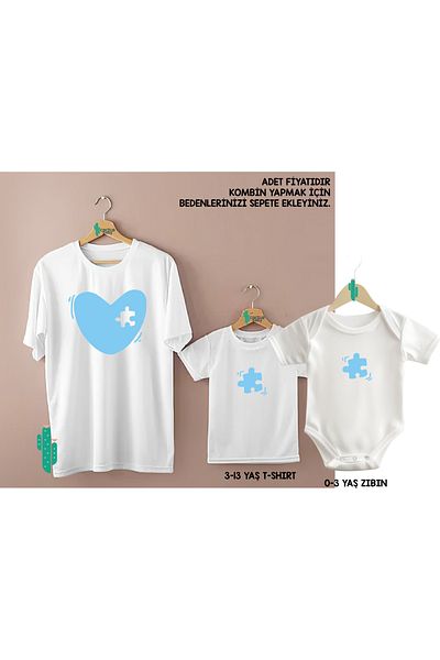 CACTUS COLLECTION Blue Heart Puzzle Combination Mother Son T-Shirt (One Product Price! Add 2 Pieces to the Cart for Combination)