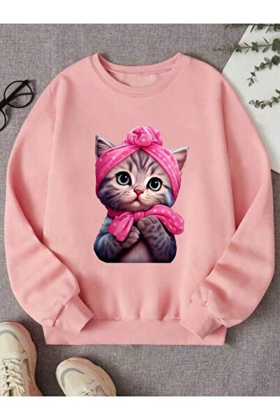 MANCY سويت شيرت بغطاء للرأس كبير الحجم مطبوع عليه قطة للأطفال