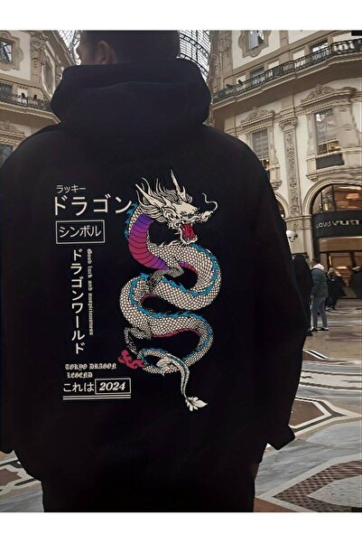 MANCY Unisex Dragon Text Printed Oversize Χειμερινό φούτερ με κουκούλα 3 κλωσ...