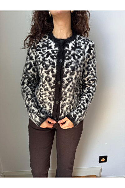 motina Kadın Bisiklet Yaka Siyah Leopar Desenli Yünlü Desenli Hırka