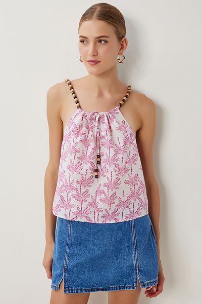 Lovelyİstanbul Bead Detailed Patterned Linen Blouse Lfh0006 Stone Pink