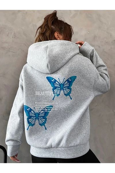 NoVibe Beautiful Butterfly Back Print Detailed Gray Hooded Pocket Sweatshirt-Hoodie