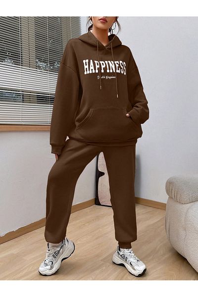 macklin Unisex Men's Women's Happiness Printed Oversize 3 Thread Hooded Tracksuit Set