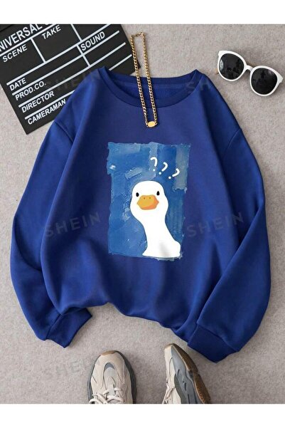 MANCY سويت شيرت بغطاء للرأس كبير الحجم مطبوع عليه بطة للأطفال