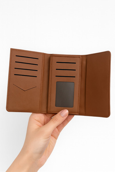 Nova Women's Tan Long Wallet – Gold Buckle, Multi-Eye Card Compartment