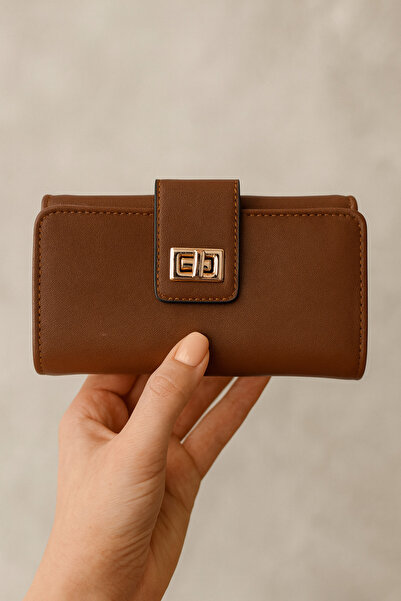 Nova Women's Tan Long Wallet – Gold Buckle, Multi-Eye Card Compartment