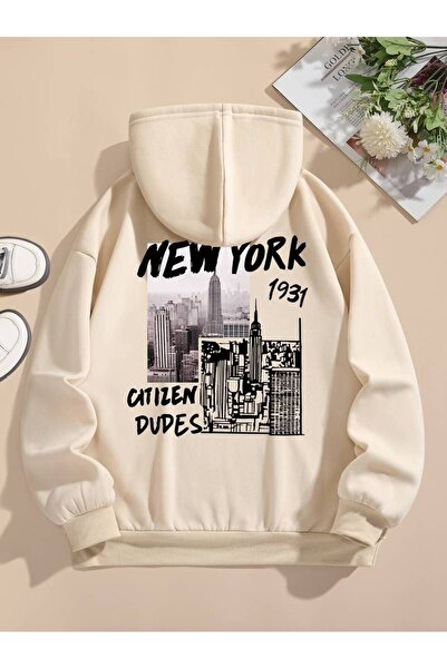 MANCY Unisex New York Printed Oversize Winter 3 Thread 100% Cotton Hooded Swe...