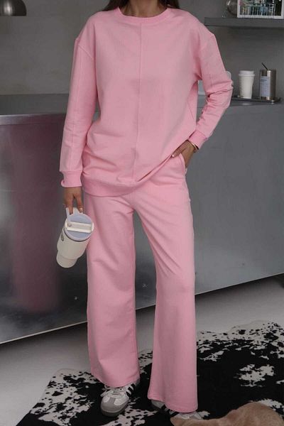 sportiness Wide Leg 2 Thread Fabric Tracksuit Set with Stitching Detail