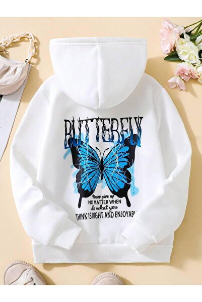 NoVibe Παιδικό φούτερ με κουκούλα Butterfly με τύπωμα oversized Winter με κουκούλα