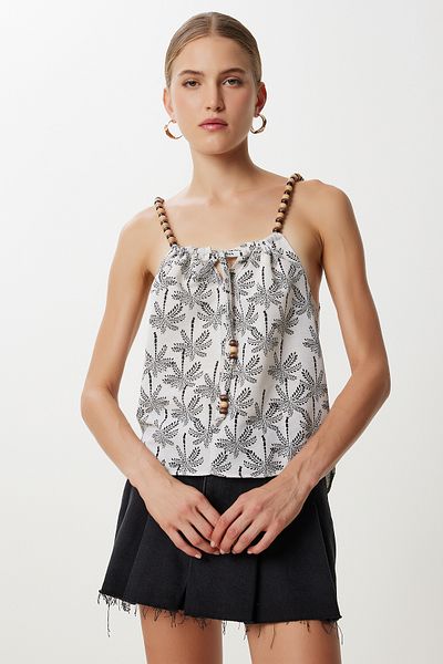 Lovelyİstanbul Bead Detailed Patterned Linen Blouse Lfh0006 Ecru Black