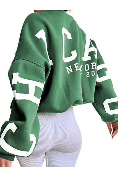 NoVibe سويت شيرت بقلنسوة كبير الحجم مطبوع عليه شيكاغو للجنسين