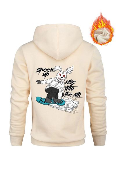NoVibe Plus Size Speed Up - Surf Rabbit Back Print Detailed Oversize 3 Thread Pocket Hooded Sweatshirt