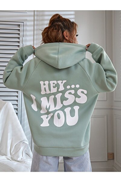 NoVibe Sweatshrt supradimensionat cu glugă cu scris Hei I Miss You