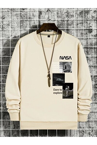 NoVibe Hanorac supradimensionat cu decolteu rotund cu 3 fire imprimat Nasa Un...