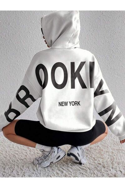 MANCY سويت شيرت بقلنسوة بطبعة بروكلين مقاس كبير للجنسين