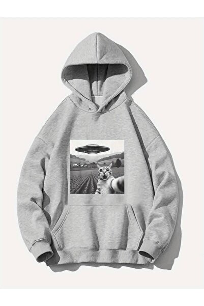 MANCY Hanorac unisex cu glugă, cu imprimeu Ufo Cat, supradimensionat, de iarn...