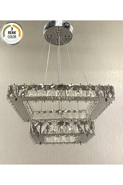 TREND KRİSTAL TAŞLI 3 RENK ÇİFT KATLI MODERN LED AVİZE