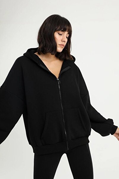 NoVibe Jachetă neagră cu glugă, fără imprimeu, pentru femei, cu fermoar