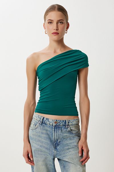 Lovelyİstanbul One Shoulder Gathered Knitted Blouse Ldz0003 Emerald Green