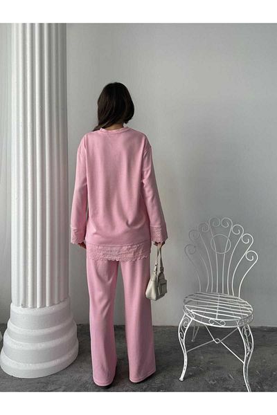 sportiness Lace Detailed Oversize Wide Leg Modal Fabric Tracksuit Set
