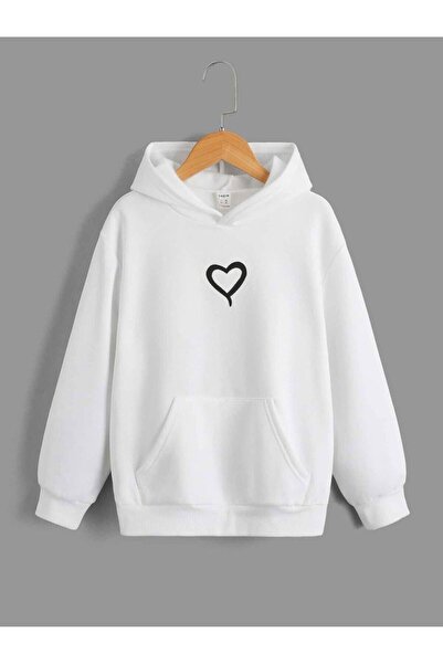 NoVibe Hanorac alb cu glugă cu imprimeu inimă pentru copii