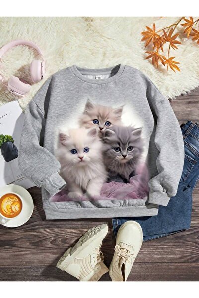 MANCY سويت شيرت بقلنسوة كبير الحجم مطبوع عليه 3 قطط للأطفال