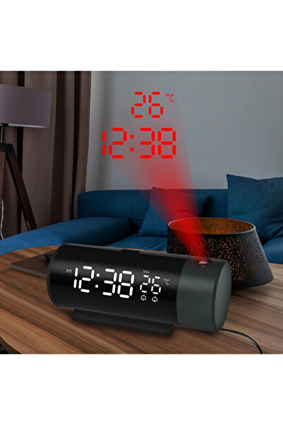 TeknoFaji LED Ekran Dijital Çalar Saat 180 Dönebilen Projeksiyon Şarjlı 4Sevi...