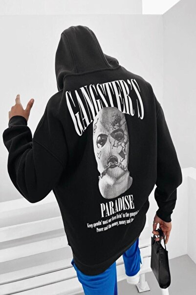 NoVibe Hanorac cu glugă cu glugă cu imprimeu Gangster's Paradise, negru