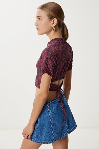 Lovelyİstanbul Patterned Crop Crinkle Blouse Lan0048 Bordo