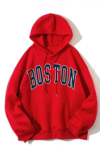 NoVibe Hanorac unisex cu glugă roșu cu imprimeu „boston”.