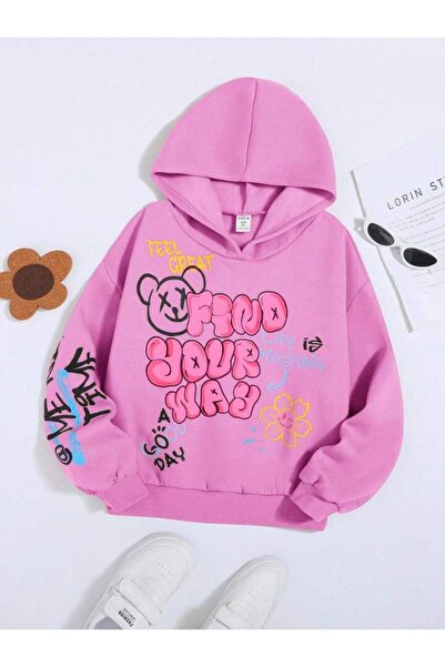 NoVibe Hanorac cu glugă supradimensionat imprimat pentru copii Find Your