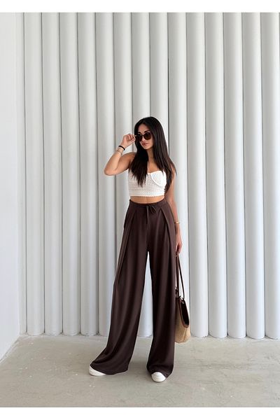 Butik High Waist Front Pleat Detail Flowing Stretchy Modal Fabric Palazzo Pants