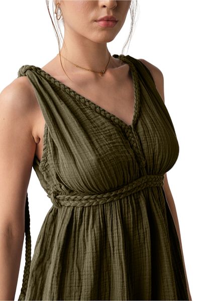 cottony.store Muslin Summer Dress, Bohemian Braided Tie Detail Helen Dress with Straps Khaki Green