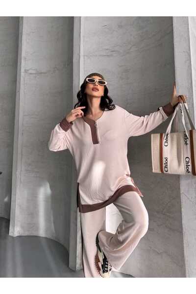 02Lady Fashion Garnili Oversize Half Zipper Slit Detailed Wide Leg Modal Fabric Tracksuit Set