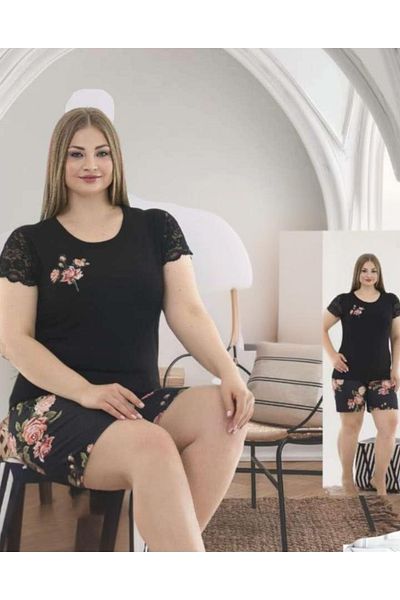 RAHAF TİCARET Women's Plus Size Sleeves Lace Detail Shorts Pajamas Set