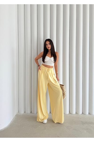 Butik High Waist Front Pleat Detail Flowing Stretchy Modal Fabric Palazzo Pants