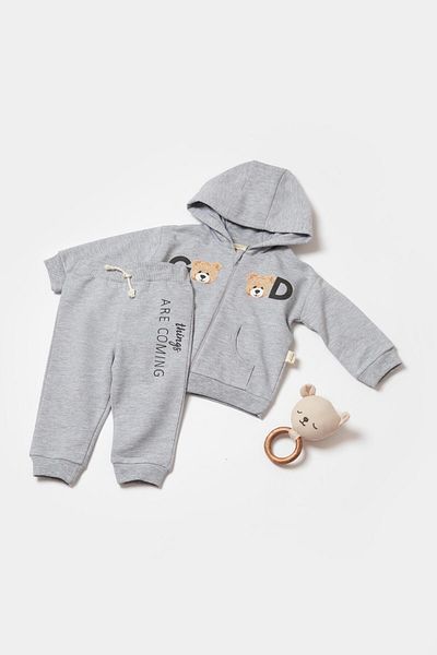 Magu Baby Cotton Gray Hooded Teddy Bear Printed Tracksuit Set - Two Pieces