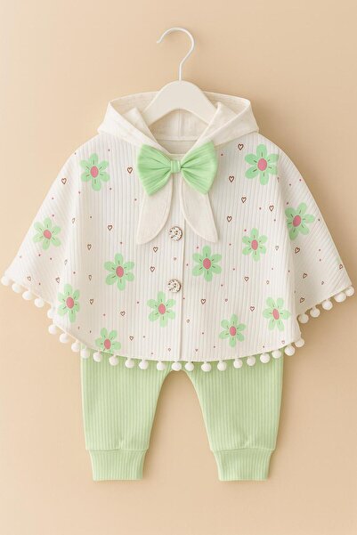 mini kanka Ponpon Detaylı Çiçek Desenli Bebek Panço Takımı Uzun Kollu Badi 0-...