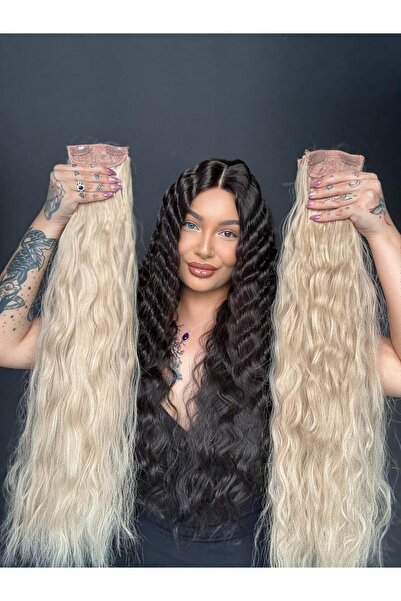 Suzan Peruk Sıcak Sarı 8 parça Afro Dalgalı uzun Çıt Çıt Saç 70cm Ekstra yoğu...