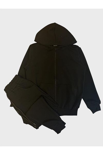 ALİŞ KİDS Boys' Cotton Black Color Hooded Zippered Pocket Suitable for School Tracksuit Set
