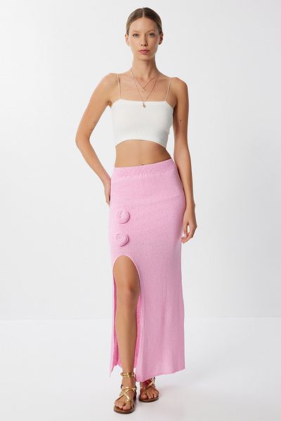 Lovelyİstanbul Rose Detailed Slit Summer Knitwear Skirt Lyy0125 Pink