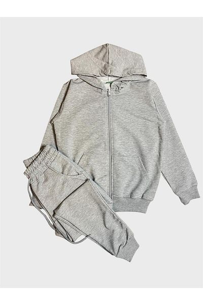 ALİŞ KİDS Boys' Cotton Gray Color Hooded Zippered Pocket Suitable for School Tracksuit Set