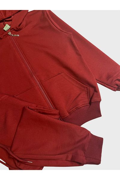 ALİŞ KİDS Boys' Cotton Claret Red Color Hooded Zippered Pocket Suitable for School Tracksuit Set