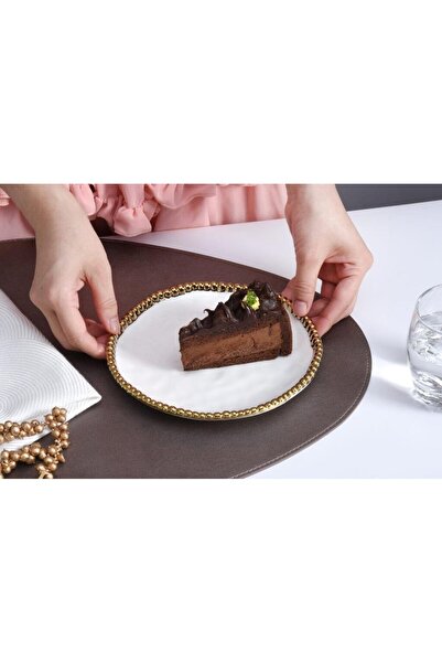 B&L Decor طبق حلوى دائري باللون الأبيض والذهبي من سيينا