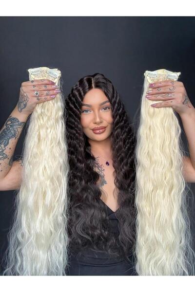 Suzan Peruk Platin Sarı 8 parça Afro Dalgalı uzun Çıt Çıt Saç 70cm Ekstra yoğ...