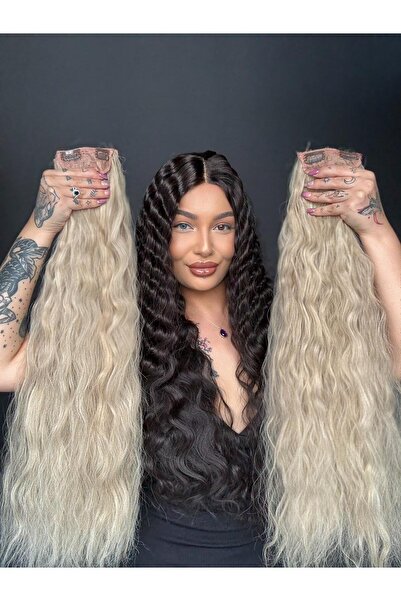 Suzan Peruk Soğuk Sarı 8 parça Afro Dalgalı uzun Çıt Çıt Saç 70cm Ekstra yoğu...
