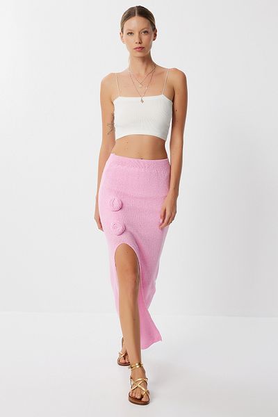 Lovelyİstanbul Rose Detailed Slit Summer Knitwear Skirt Lyy0125 Pink