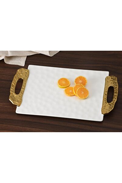 B&L Decor بيت آند ليلي - صينية سيراميك بيضاء وذهبية بتصميم ضوء القمر مع مقابض...